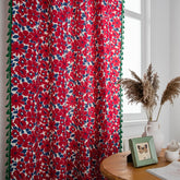 Cortina Personalizada Elodie Vermelha com Estampa Floral e Blackout, com Franjas